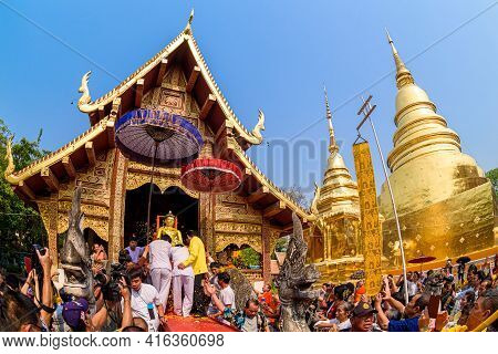 Chiang Mai, Thailand - April 13, 2019  : Chiangmai Songkran Festival. Buddha Phra Singh Of Phra Sing