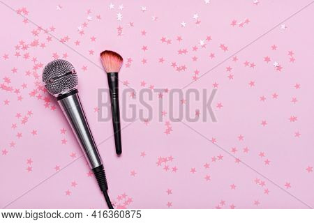 Microphone, Confetti And Brush On Pink Background. Asmr Recording Stress Relieving Sounds Concept, F