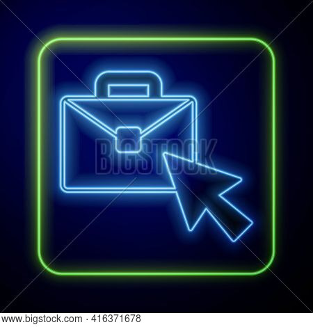 Glowing Neon Online Working Icon Isolated On Blue Background. Freelancer Man Working On Laptop At Hi