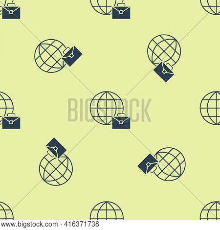 Blue Online Working Icon Isolated Seamless Pattern On Yellow Background. Freelancer Man Working On L