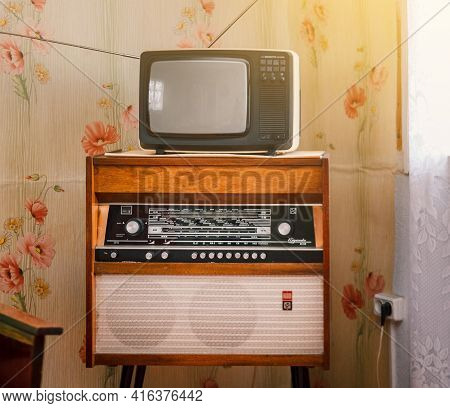 Retro Technology, Vintage Radiogram 1960S And Tube Tv At Home In Living Room, Old School Style 1970S