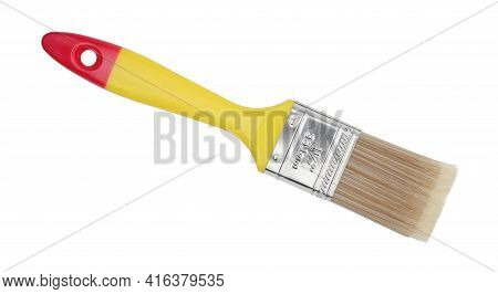 Yellow Plastic Paint Brush Isolated On White. Top View.