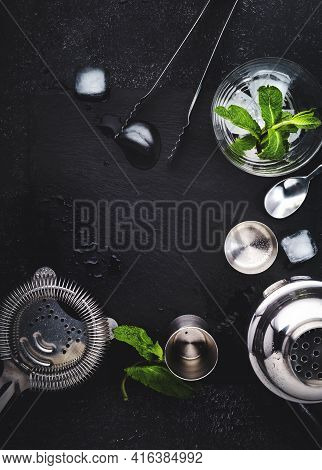 Steel Bar Tools And Accessories For Making Cocktail. Shaker, Jigger, Strainer, Spoon, Tongs, Muddler
