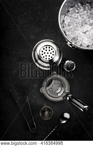 Steel Bar Tools And Accessories For Making Cocktail. Shaker, Jigger, Strainer, Spoon, Tongs, Muddler