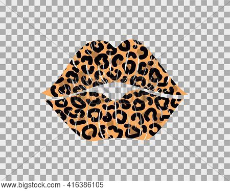 Kissing Lips With Leopard Print Isolated On A Transparent Background For Poster Or Banner. Vector St