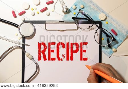 Recipes Message On White Paper Index Cards With A Fork On Wood