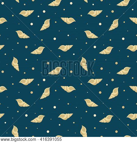 Summer Bright Seamless Pattern With Shells. Ochre Elements On Dark Background. Marine Children's Pri