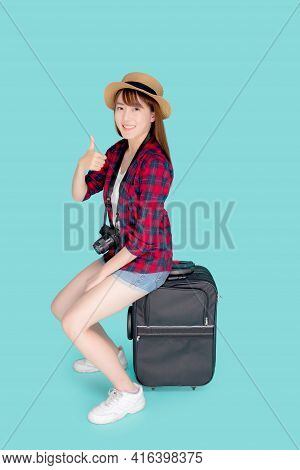 Beautiful Portrait Young Asian Woman Sitting On Luggage Smile And Travel Summer Trip For Abroad In V