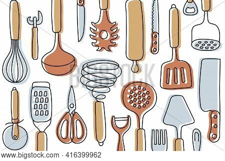 Kitchen Knolling. Kitchenware Sketch Set. Doodle Line Vector Utensils, Tools And Cutlery. Whisk, Slo