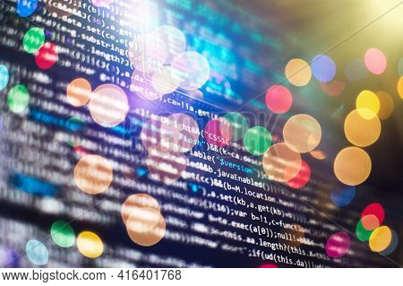 Website Html Code On The Laptop Display Closeup Photo. Information Technology Website Coding Standar