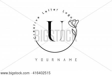 Creative Initial Letter U Logo With Lettering Circle Hand Drawn Flower Element And Leaf. Vector Illu