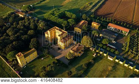 Top View Of An Old Yellow Villa In The Tuscan Region.italy