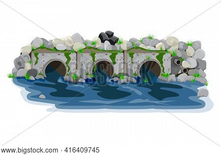 Water Pollution From Industrial Pipes. Three Pipes Drain The Waste Water Into River, Ecological Disa