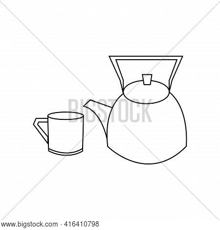 Linear Black White Kettle And Mug Icon. Can Be Used As A Sticker, Symbol Or Sign. Simple Stock Vecto