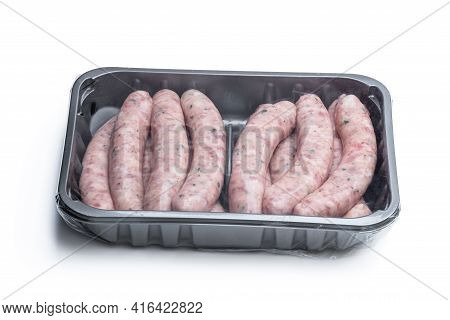 Pork  Sausages Chipolatas In Plastic Pack Isolated On White