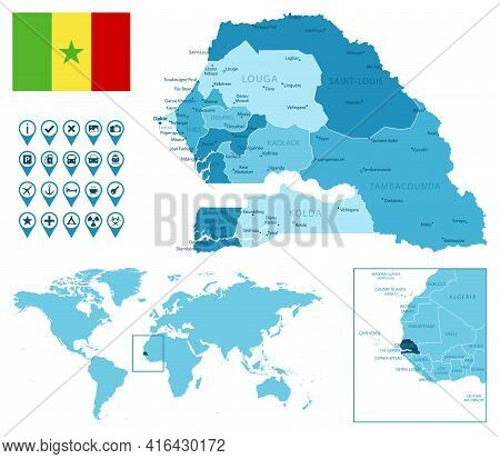 Senegal Detailed Administrative Blue Map With Country Flag And Location On The World Map. Vector Ill