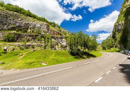 Editorial, Cheddar Gorge And Public Road On Sunny Day.