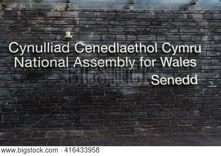 Editorial, Sign For The Welsh Parliament Or Senedd Cymru Building, Wales, United Kingdom