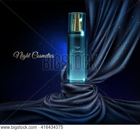 Vector 3d Realistic Cosmetic Background With Glass Jar Of Night Cosmetics, Bottle In Dark Blue Fabri