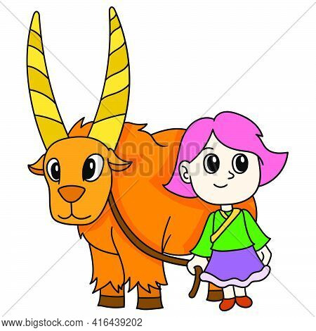 Beautiful Daughter Is Tending Her Pet Goat, Doodle Draw Kawaii. Vector Illustration Art