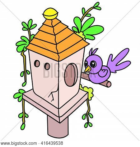 A Little Bird Perched In An Aviary, Doodle Draw Kawaii. Vector Illustration Art