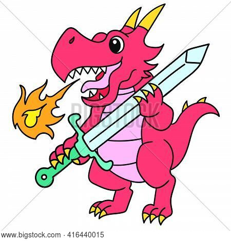 The Red Dragon Gave Off Flames Carrying A Sword Weapon, Doodle Draw Kawaii. Vector Illustration Art