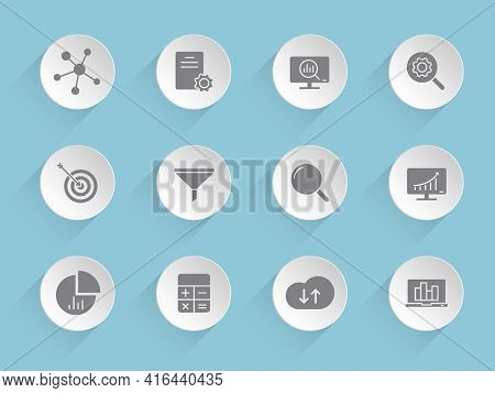 Data Analytics Vector Icons On Round Puffy Paper Circles With Transparent Shadows On Blue Background