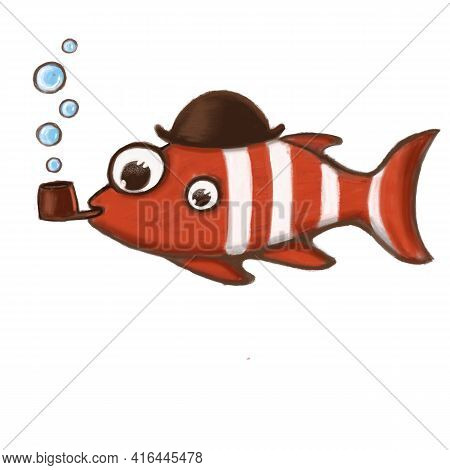 Cute Smoking Fish In The Hat, Hand Drawn Clipart, Lovely Illustration