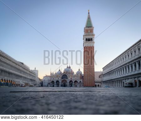 Basilica of Saint Mark and deserted San Marco Square during the crisis COVID-19