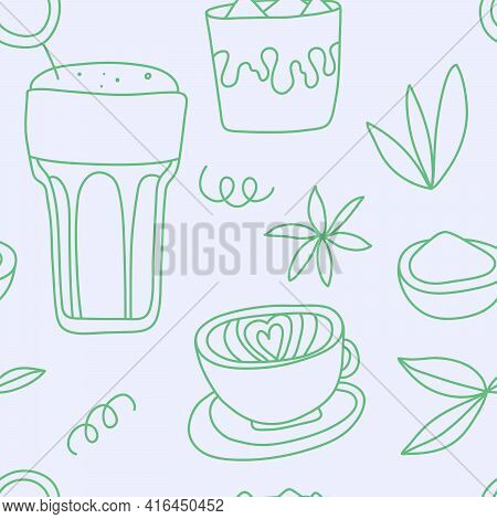 Vector Hand Drawn Matcha Illustration On Contrast Seamless Background. Matcha Green Tea. Line Art