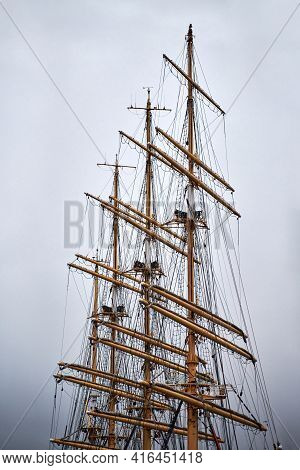 Kaliningrad, Russia - 11.28.2020 - Masts Of Kruzenshtern Barque Ship Anchored In City Port. Beautifu