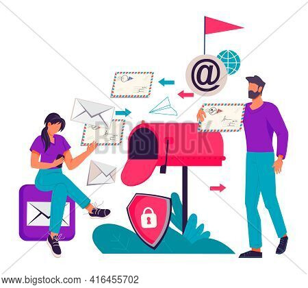 Services Of Business Mailing And Email Marketing Concept With People Next To Huge Mailbox, Flat Vect
