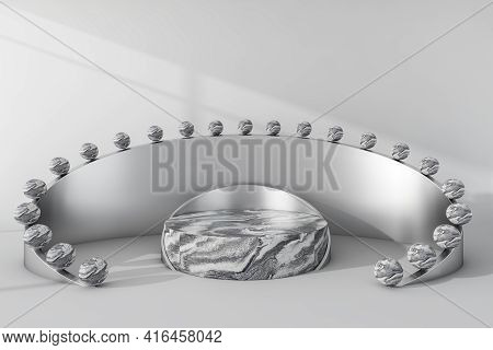 Silver Platform Stand, Row Of Marble Spheres Decoration. Luxury Marble Mockup Stand For Product Disp