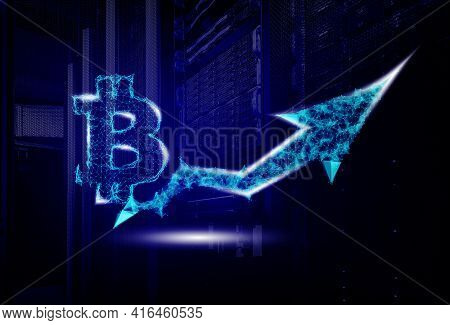 3d Renering Concept Of Bitcoin Growth, The Plexus Symbol Of The Cryptocurrency With An Upward Growth