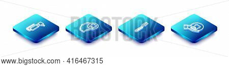Set Isometric Line Tooth Drill, Human Head With Tooth, Toothbrush And Icon. Vector