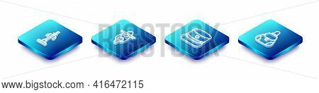 Set Isometric Line Street Light, Scooter, Kepi And Handbag Icon. Vector