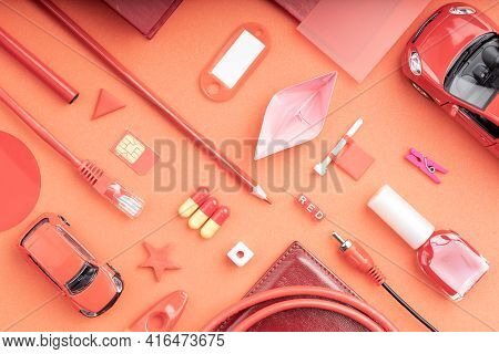 Many Red Objects Lying On A Beautiful Surface Top View Still Life. Flatlet Of Red Things