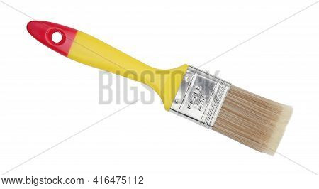 Yellow Plastic Paint Brush Isolated On White. Top View.