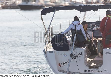 Sevastopol. Crimea. Autumn 2020. Yacht Of The Black Sea School In Streletskaya Bay. Students Conduct