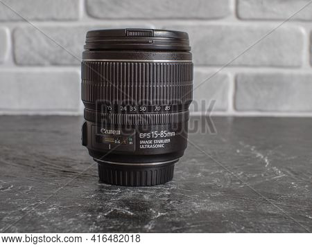 Russia, Krasnodar - April 2, 2021: Canon Lens With A Focal Length Of 15-85mm F3, 5-5, 6 For The Ef-s