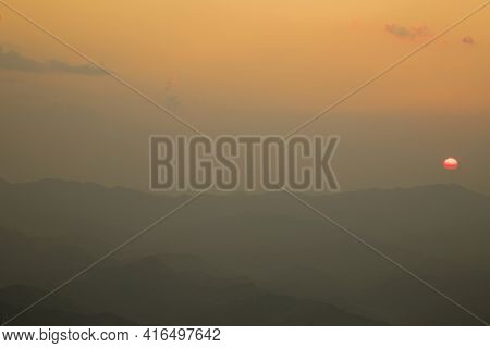Beautiful Sunset From Top Of Mountain In Phongsali Laos.