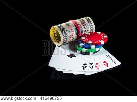 Five Of A Kind Cards Combination And Dollars With Chips. Winning Combination At A Poker Club Or Casi