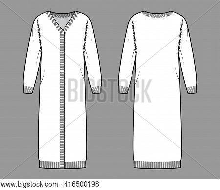 Midi Cardigan Technical Fashion Illustration With Rib V- Neck, Long Sleeves, Oversized, Mid-calf Len