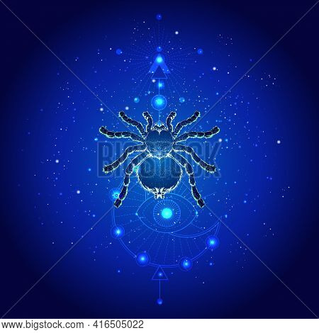 Vector Illustration With Hand Drawn Spider Tarantula And Sacred Geometric Symbol Against The Starry 
