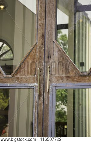 Vintage Metal Handle On Old Wooden Door, Stock Photo