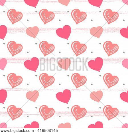 Seamless Pattern With Watercolor Hearts And Grunge Elements On A White Background. For Valentine Day