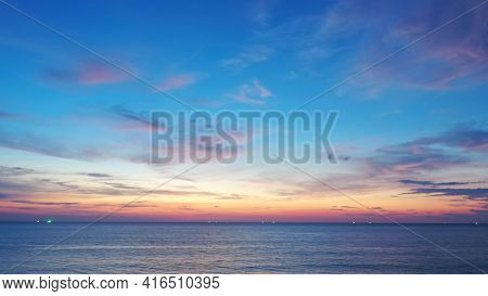 Beautiful Sunset Over The Clam Sea With Cloud Sky Background. Sunset Over Tropical Beach. Nature Sum