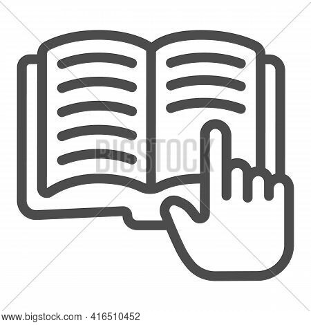 Hand With Forefinger On Book Line Icon, Children Book Day Concept, Open Book Vector Sign On White Ba