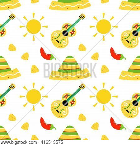 Colorful Mexican Vector Seamless Pattern Background For Cinco De Mayo Design With Sombrero Hat, Guit