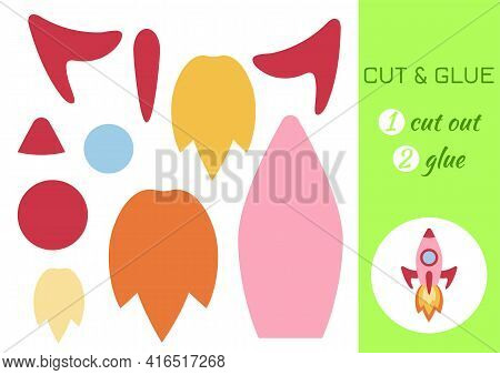 Cut And Glue Paper Cartoon Pink Rocket. Cut And Paste Craft Activity Page. Educational Game For Pres